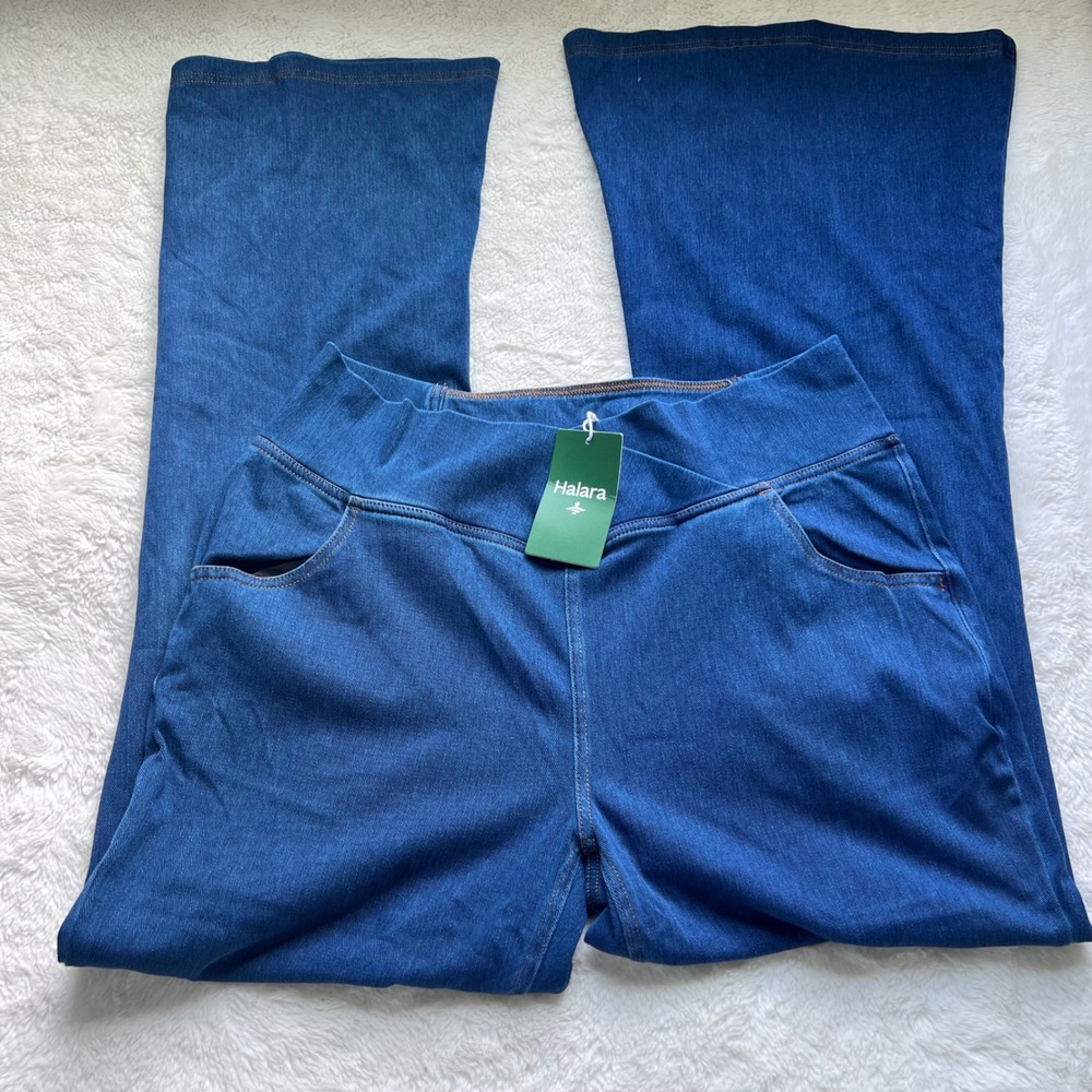 Halara Womens XL Blue Crossover High Waist Wide Leg Denim Look Stretch Pants NEW